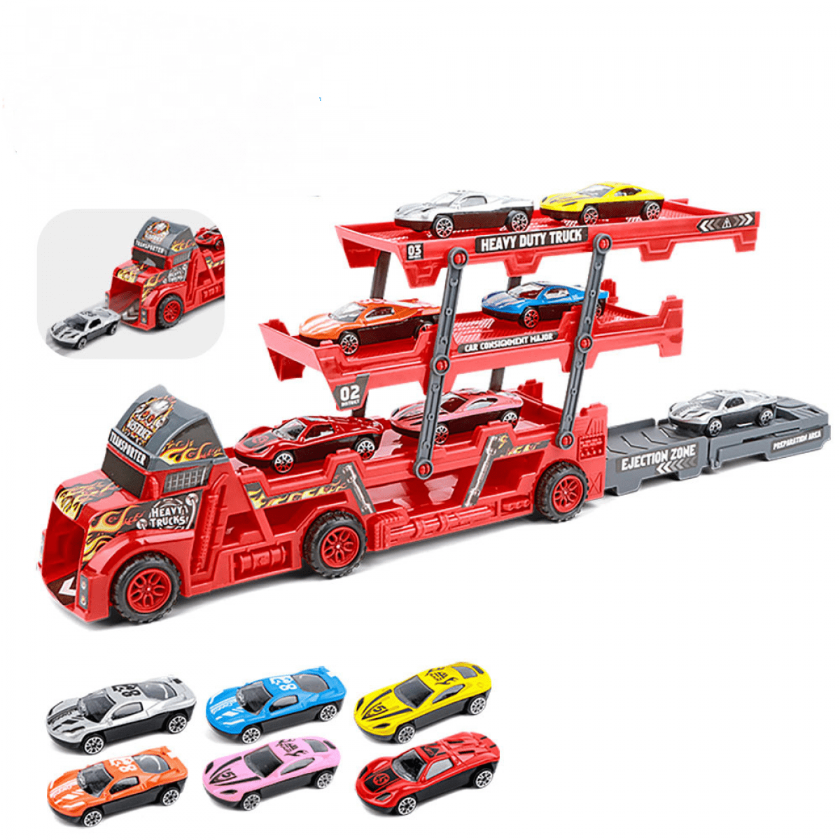 Car Track Toys Transporter Playset with 6 Mini Racing Vehicle for Kids Ages 3+