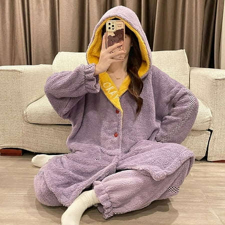 

DanceeMangoo FUNISHI Womens Pajamas Winter Pajamas Loose Version Hooded Plush пижама женская Night-robe Inspissate pijama mujer Plus Size