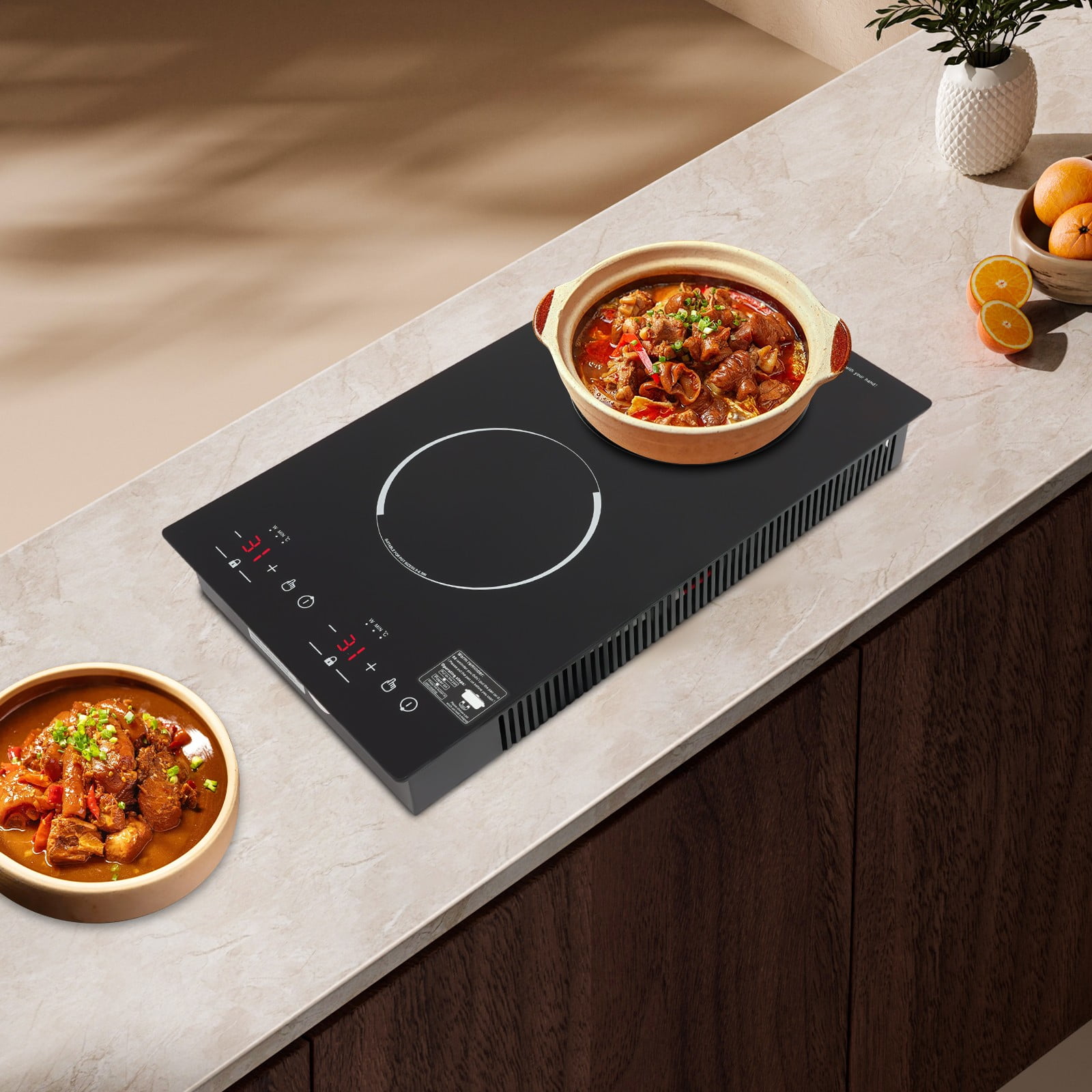 20.08*11.34*3.35 inch Portable Induction Cooker with 2 Burner Independent Control Black for Home Kitchens