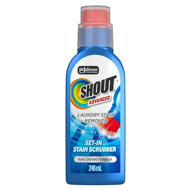 Blue 246mL bottle of Shout Advanced laundry stain remover featuring a built-in red scrub brush for set-in stains.