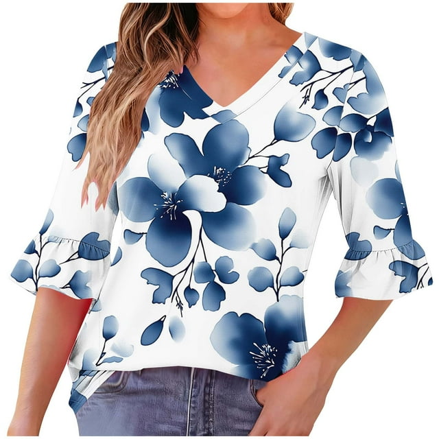 Womens Top,Casual Regular Printed V-Neck Quarter Sleeve Daily Pleated Ruffle,Womens Casual Tops