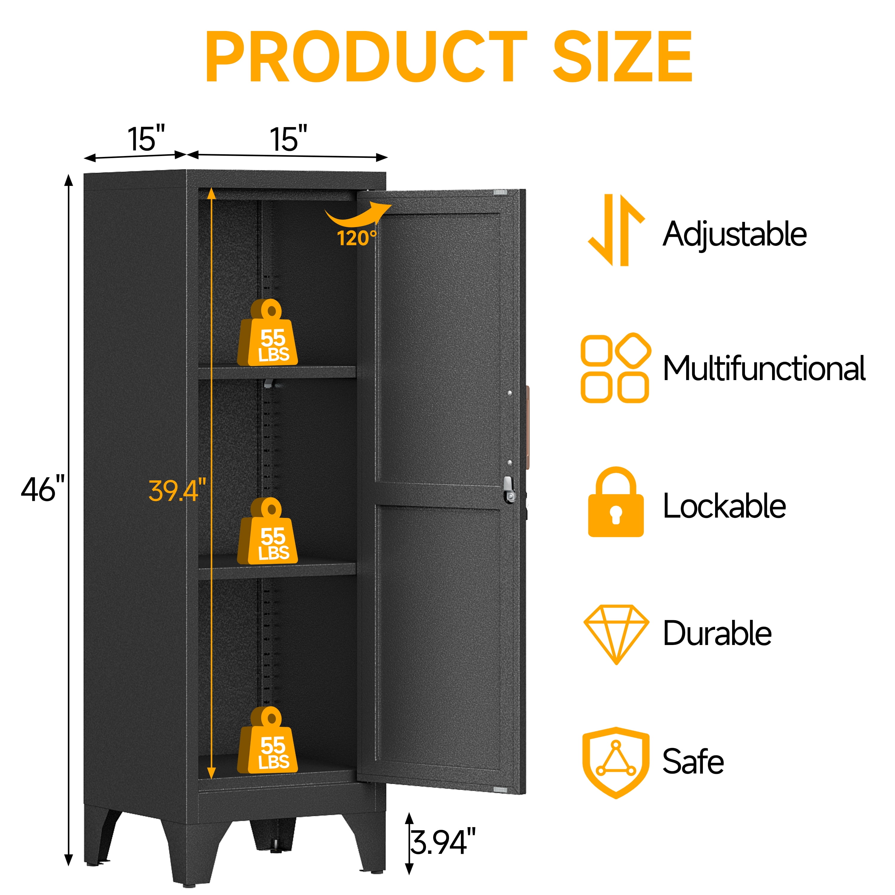 46"H Black Metal Pantry Cabinet with 1 Lockable Door and 2 Adjustable Shelves, 3 Tier Small Storage Cabinet with Detachable Legs and Vintage Handle for Kitchen,Home Office,Gym,School,Easy Assembly