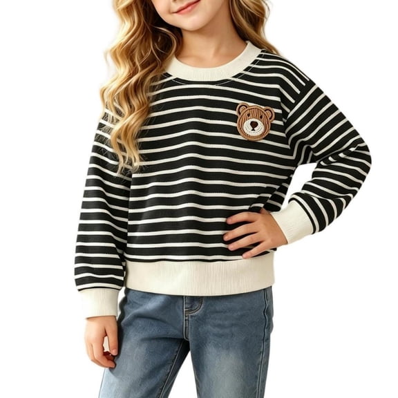 JOANKDMI Casual Striped Sweatshirts for Girl 1T 9-10 Long Sleeve Crewneck Pullover Tops with Cute Bear Patch Fall Winter School Playwear Shirts Activewear for Kids