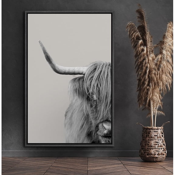 PixonSign Framed Canvas Print Wall Art Half of Shetland Cow Animals Wilderness Photography Realism Farmhouse/Country Portrait Relax/Calm Duotone for Living Room, Bedroom, Office - 16"x24" Black