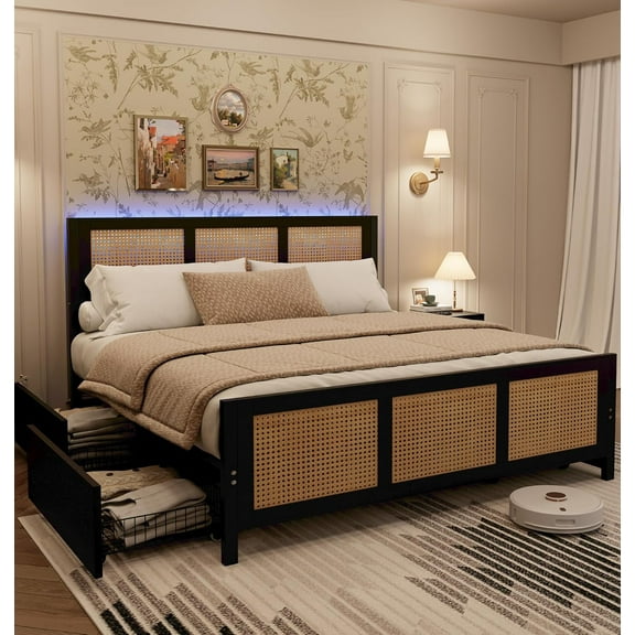 GarveeHome Full Rattan Bed Frame with Headboard, Boho Cane Platform, 4 Storage Drawers, Sturdy Metal Slats, Noise-Free, No Box Spring Needed, Black