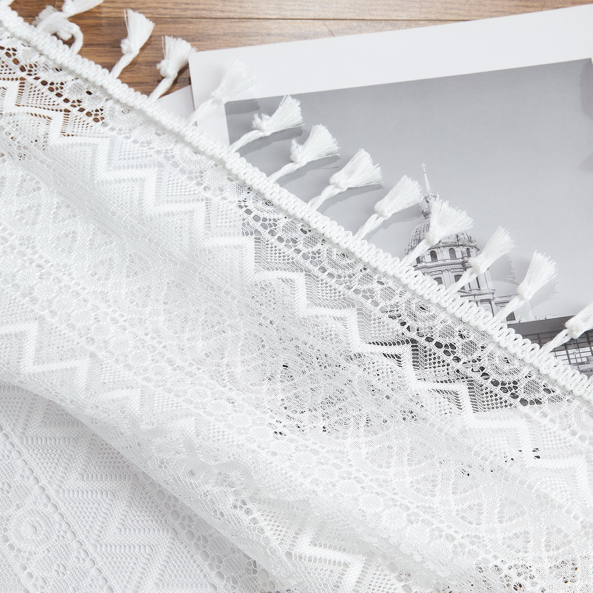 Bohogeo White Linen Textured Tassel Sheer Lace Curtain Panels, Chic Crochet Geometry Knitting Rod Pocket Farmhouse Window Curtain Drapes for Living Room/Bedroom, 2 Panels, 63" L x 40" W