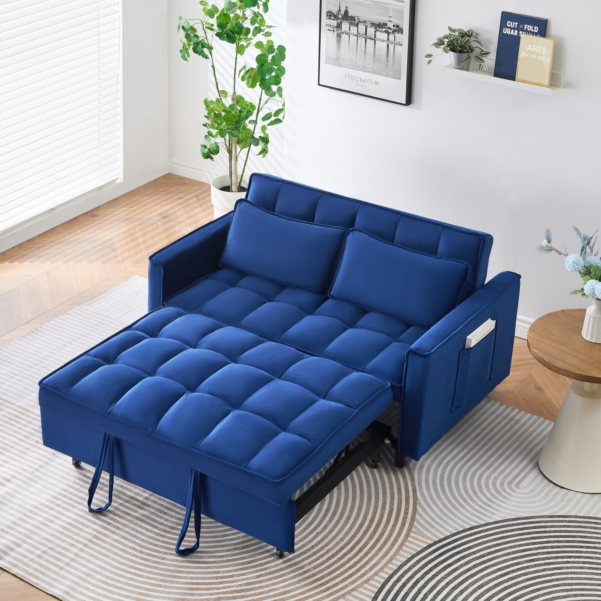 Gewnee 55''3 in 1 Convertible Modern Pull Out Couch Bed,Adjustable Backrest,Velvet Loveseat Futon Sofa with Pillows & Pockets for Living Room,Apartment.(Blue)