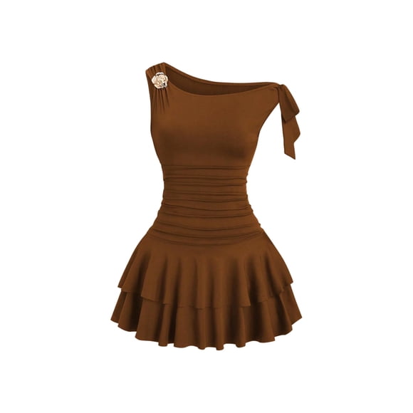 Vestido mini sin hombros y sin mangas con capas Floerns, color mocha, talla XL