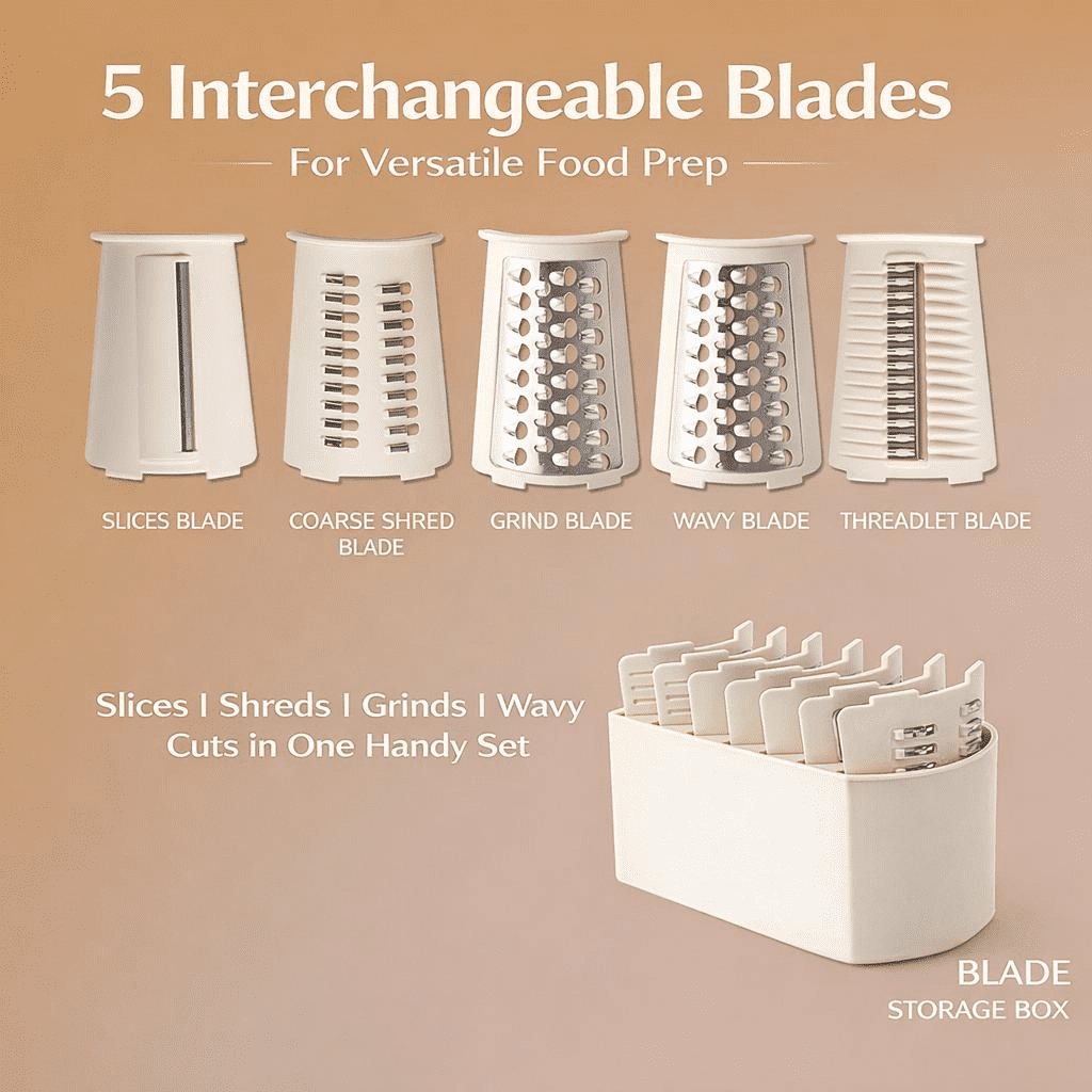 Rotary Cheese Grater & Vegetable Slicer, 5 Stainless Steel Blades, Powerful Suction Base, Quick Shredding for Cheese, Potato, Carrot, Cucumber & Easy Meal Prep
