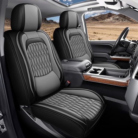 For Chevy Silverado 2007-2025 2026 1500 2500HD 3500HD Seat Covers GMC Sierra Faux Leather Trail Boss Z71 Crew Double Extended Cab Waterproof Faux Leather with Lumbar Support(Black&Gray, 5 Seats)