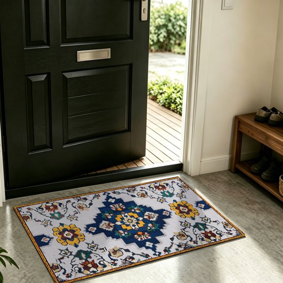 Front Door Mat Indoor Outdoor Bohemian Ethnic Style Non-Slip Doormat Low Profile Patio Porch Entryway Rug 16x24in Retro Gorgeous Flower