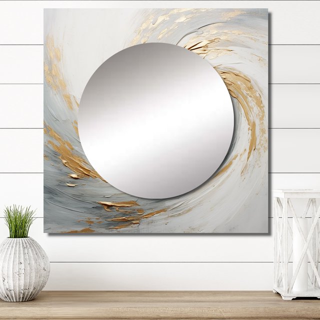 Designart "Vortex of Gold and White Soft Waves IV" abstract spirals Square Mirror For Wall Decor - Large Beige Square Printed Wall Mirror Art - Square Modern Mirror - Wall Mounted Square Mirror