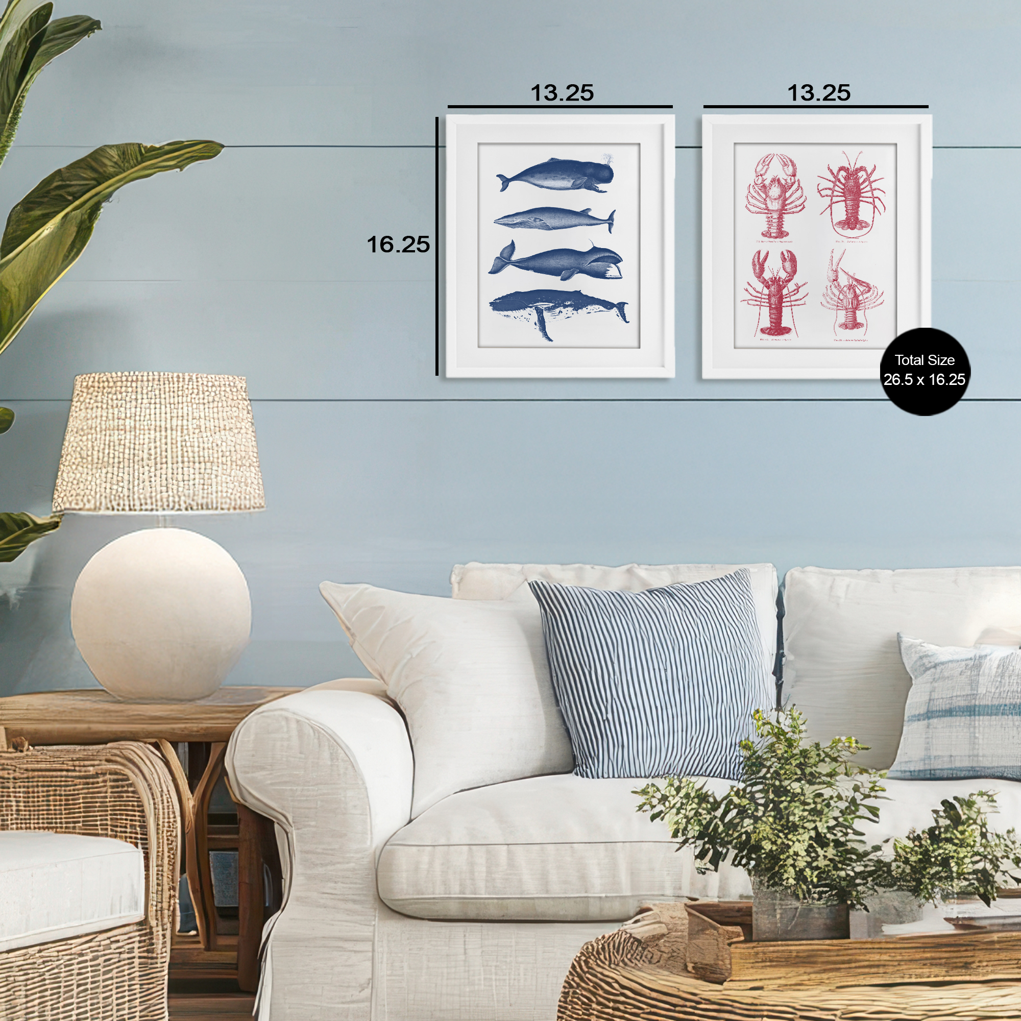 Marine Whales & Lobsters 2 Piece White Framed Print Under Glass Set, design by Lettered and Lined