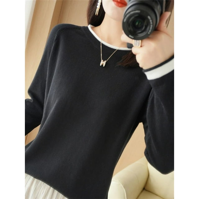 Vente Chaude Printemps Automne Nouveau Chandail 100 % Coton Pur Femme Col Rond Chandail Contrasté Mode Ample Décontracté Tricoté