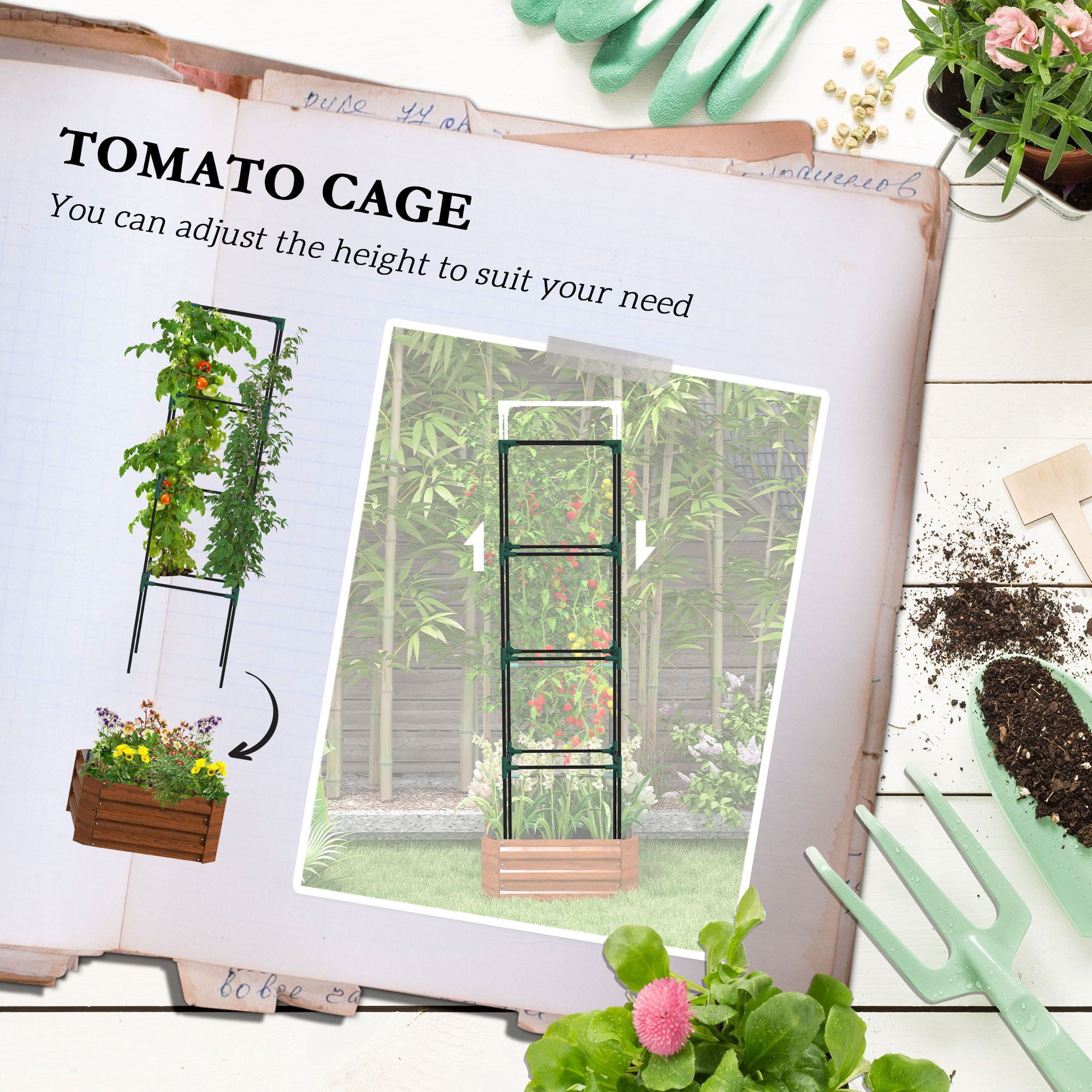 Outsunny Galvanized Steel Raised Garden Bed with Adjustable Tomato Trellis Cage, 24" x 24" x 73.5" Brown Metal Planter for Vegetables and Climbing Vines in Backyard or Patio