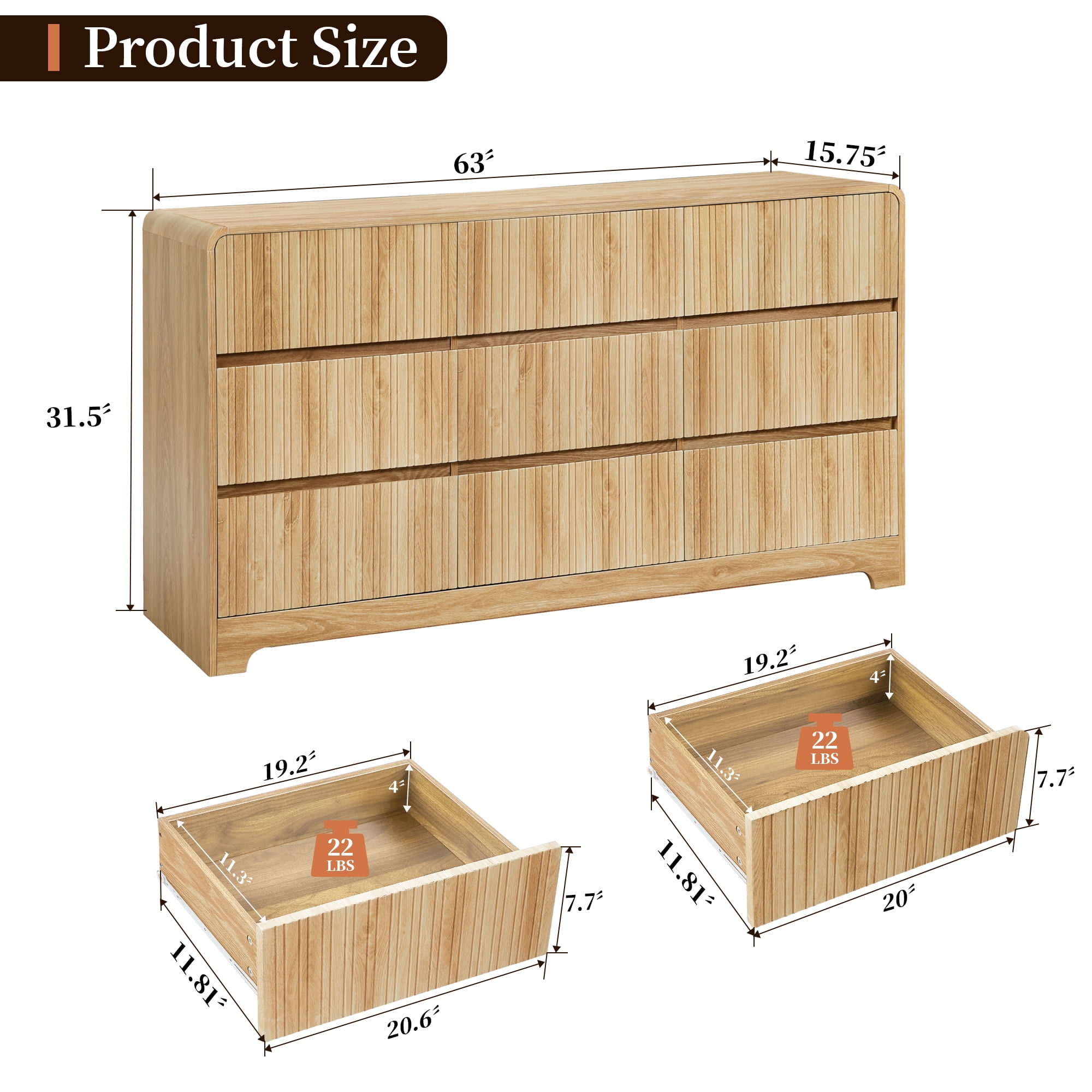 LEFHDA 63" Large 9 Drawer Wood Dressers, Fluted Wide Chest of Drawers, Mid Century Modern Wood Dresser for Living Room, Bedroom, Oak
