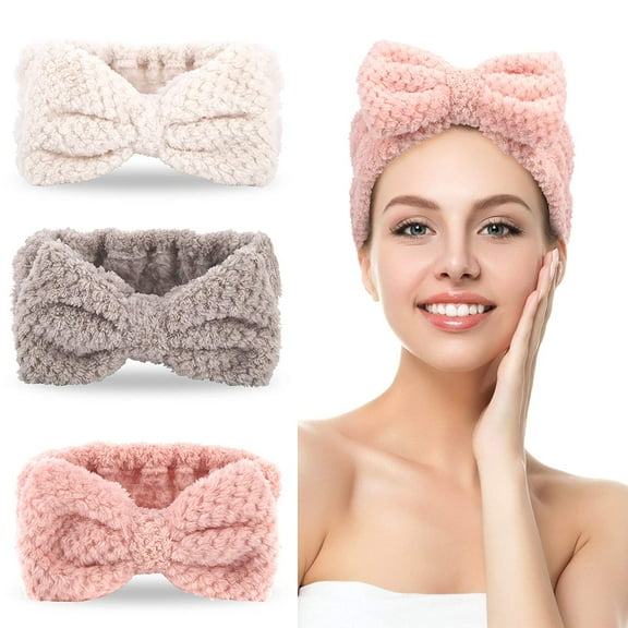 Heldig 3 Pack Spa Headbands Microfiber Bowtie Headbands Makeup Headband Skincare Headbands Facial Headband Face Wash Headband Face Washing Headband Towel Headbands (White,Pink,Gray)