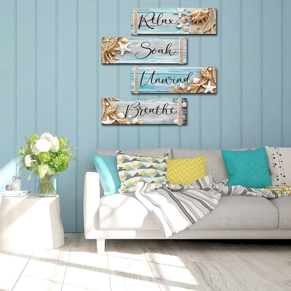 4 PCS Ocean Beach Wood Relax Soak Unwind Breathe Art Sign Hanging Wooden for Decor Living Room Laundry Spa Washroom