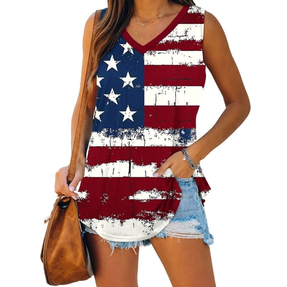 Jsaierl Independence Day Tank Tops for Women Summer Patriotic American Flag Print Tees Loose Fit Sleeveless T Shirts Cami Classic V Neck Tanks S-XXXL