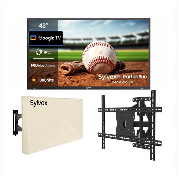 SYLVOX 43" Outdoor TV with Mount and Cover, IP55 Weatherproof TV Partial Sun 1000nit Brightness, 4K UHD, Google OS, Dolby Atmos, Voice Remote (Deck Pro 2.0)