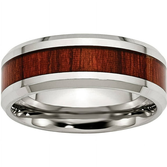 Stainless Steel Polished Red Wood Inlay Enamelled 8.00mm Ring