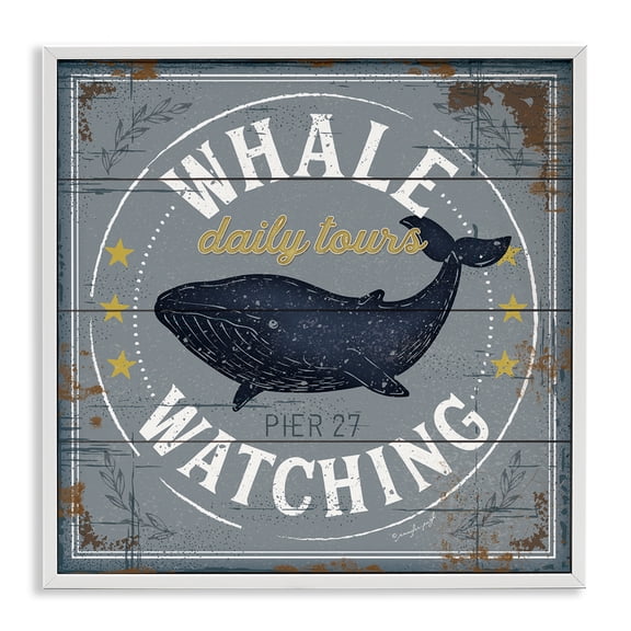 Stupell Industries Coastal Whale Watching Tours Sign Rustic Blue Marine Life White Framed Giclee Art, 12 x 12, by Jennifer Pugh