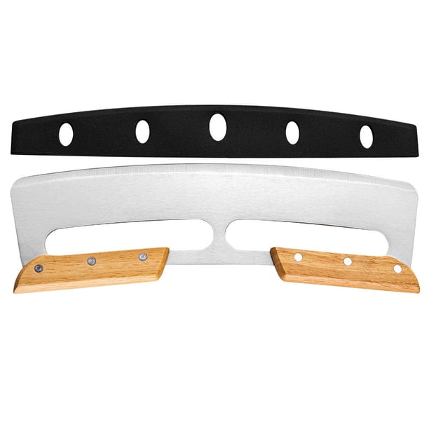 Cortador de Pizza de Dos Mangos, Mango de Madera, Cuchillo Semicircular para Pizza, Cortador de Pizza de Acero Inoxidable.