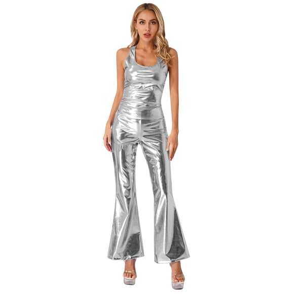 Sxiwei Women's Shiny Metallic Disco Outfits Deep U Neck Shiny Tank Tops with Bell Bottoms Trousers Silver XL