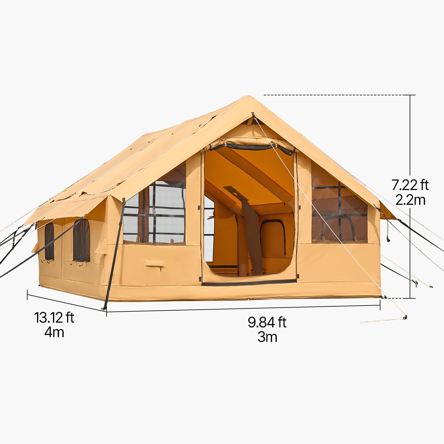 KFFKFF Inflatable Camping Tent for 5-8 Person, 13.12 x 9.84 x 7.22 Ft Oxford Fabric Glamping Blow up Tent with Hand Pump, Waterproof Air Tent with Dual Sunroofs, Stove Jack