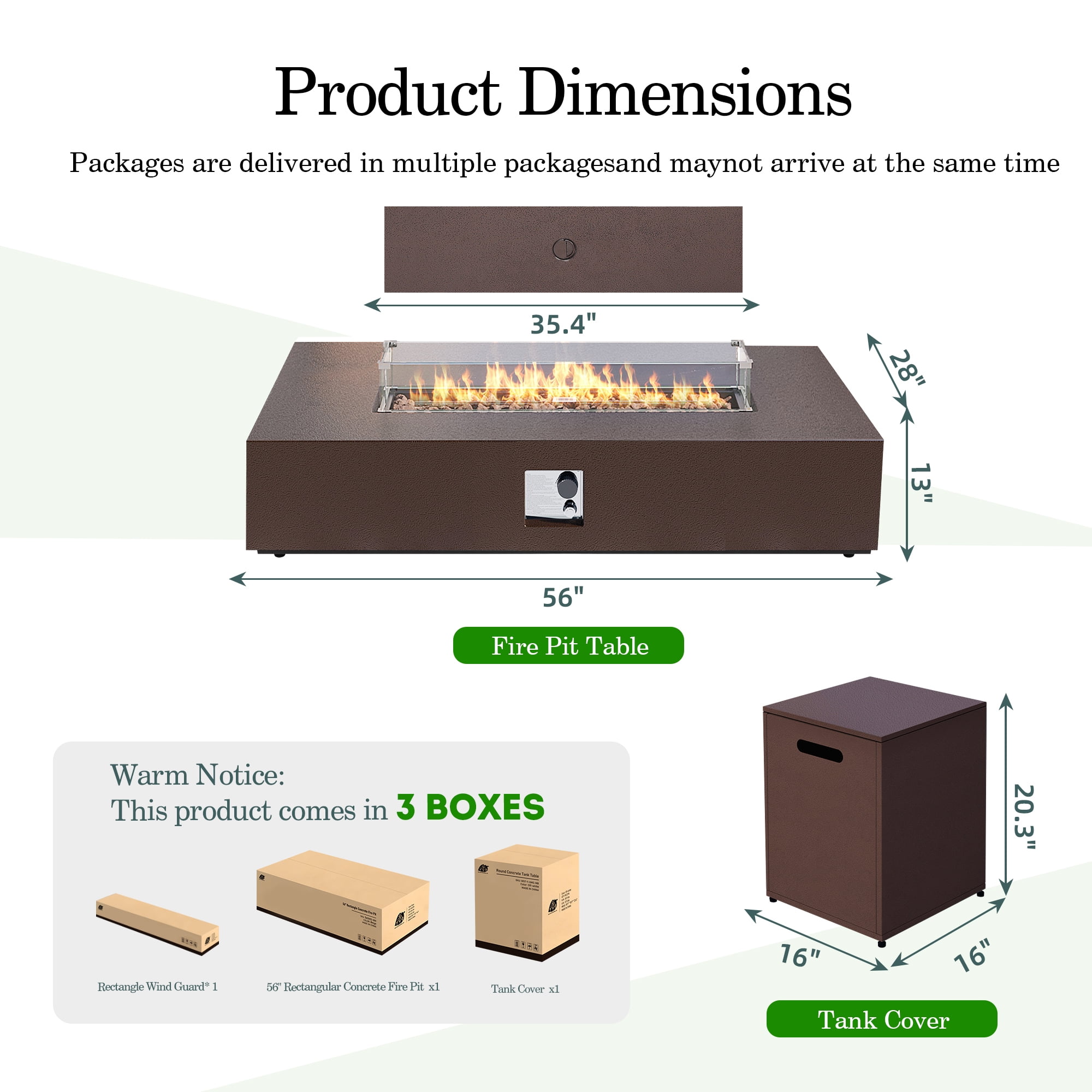 UPHA 56-inch Outdoor Propane Rectangle Fire Pit Table 50000 BTU Iron Gas FirePit for Outside Patio with Tank Cover, Wind Guard, Removable Lid, Lava Rocks, Rain Cover, Brown