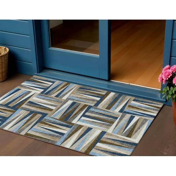 3' X 5' Navy Blue Brown And Beige Geometric Washable Indoor Outdoor Area Rug