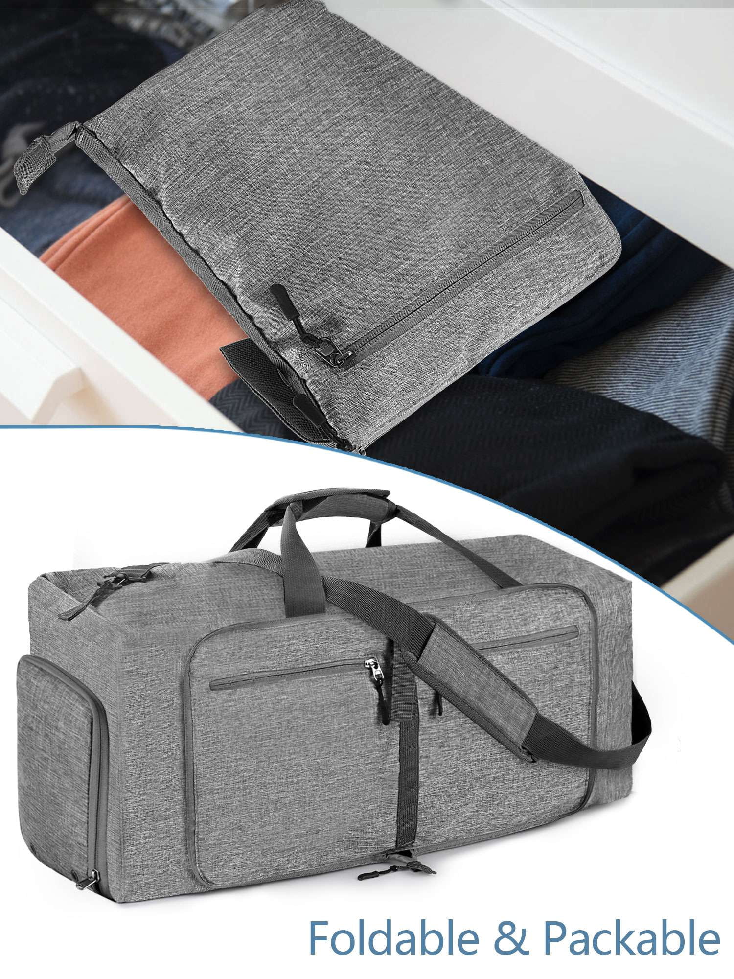 Luxtrada 85L Duffle Bag with Shoes Compartment, 26" Foldable Travel Duffel Bags for Men Women, Large Packable Travel Bag Water Repellent & Tear Resistant (Gray)