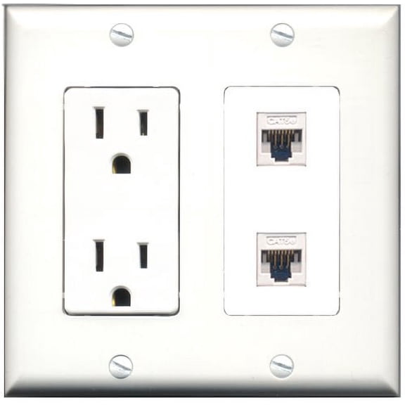 RiteAV - 15 Amp Power Outlet 2 Port Cat5e Ethernet White Decorative Type Wall Plate White