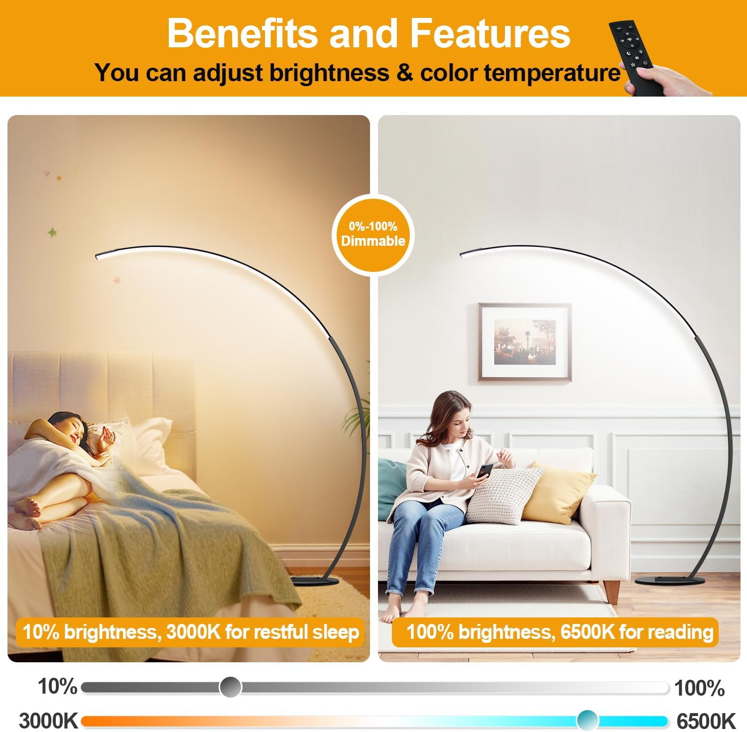Dimmable LED Floor Lamp with 3 Color Temperatures, Ultra Bright 2000LM Arc Floor Lamps for Living Room, Modern Standing Tall Lamp with Remote Control Reading Floor Lamp for Bedroom Office Classroom