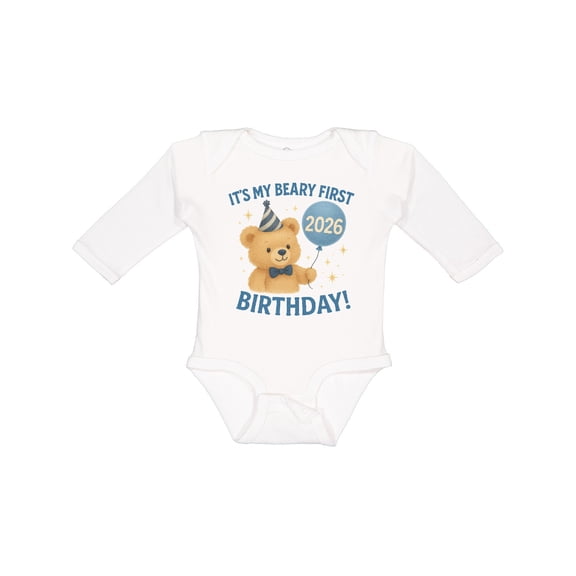 Inktastic Beary First Birthday 2026 Teddy Bear Boys or Girls Long Sleeve Baby Bodysuit