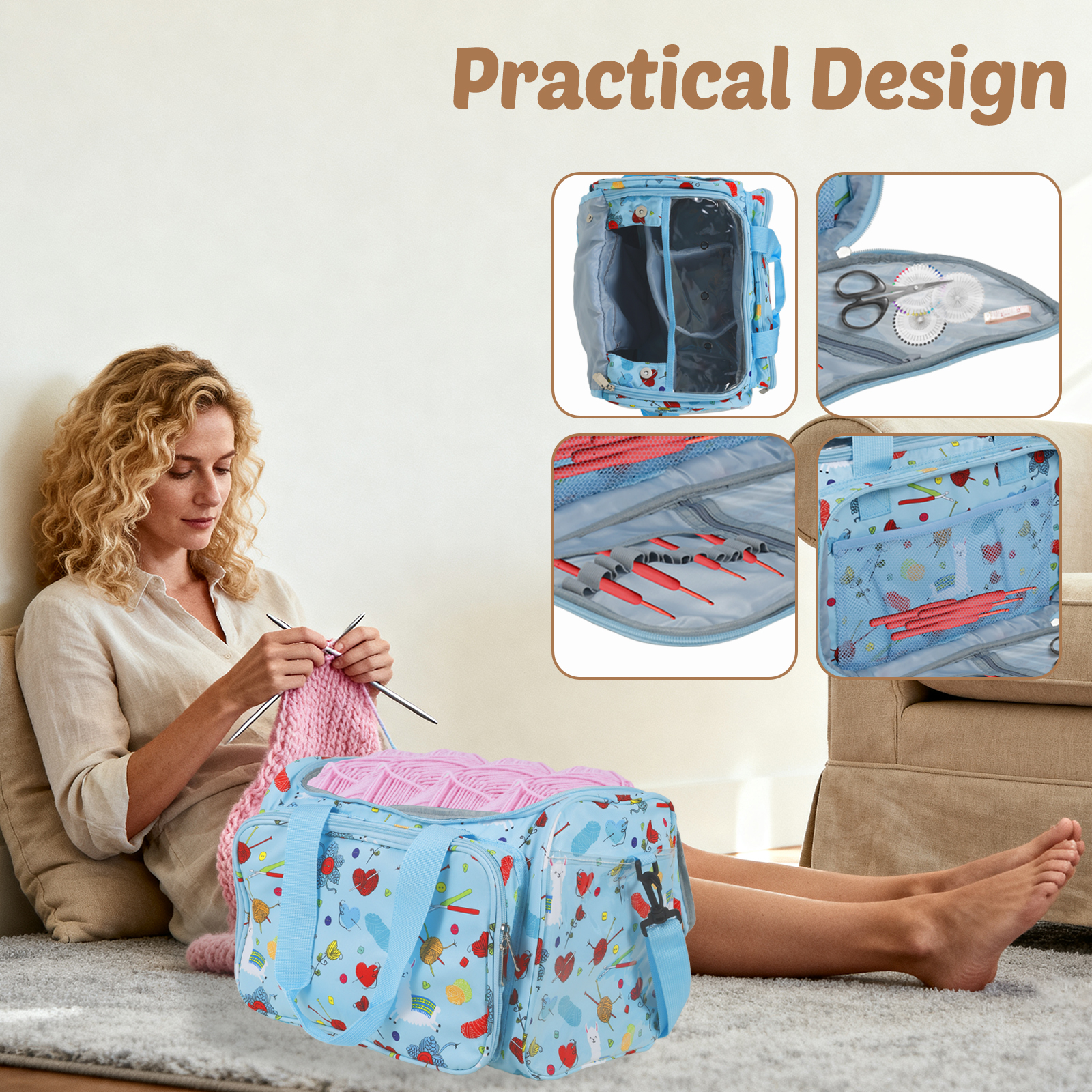 Threns Crochet Yarn Storage Bag Large Capacity Travel Knitting Bag Portable Oxford Cloth Wool Tote Organizer with Multi Pocket for Knitting Needle Crochet Hook