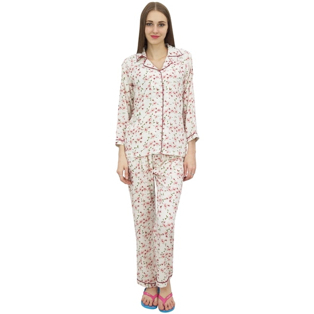 Bimba Off-White Printed Shirt With Elastic Waist Pajama Pant Night Wear Set-4