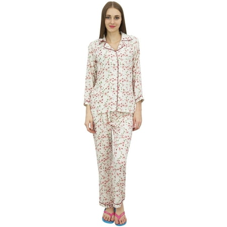 

Bimba Off-White Printed Shirt With Elastic Waist Pajama Pant Night Wear Set-18