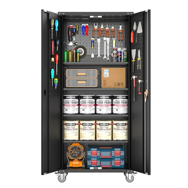 Aobabo Black Metal Garage Storage with Pegboard,72In Lockable