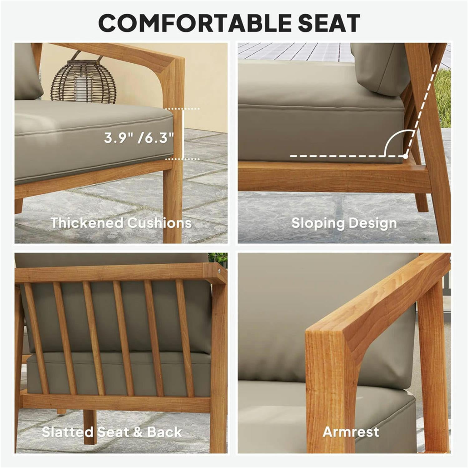 Demi Bonn 48" Acacia Wood Outdoor Sofa Set, Durable Teak Conversation Set with Thick Cushions for Garden & Patio, Brown