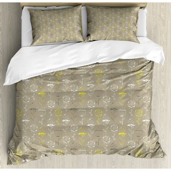 Grey and Yellow Duvet Cover Set, Hand Drawn Sketchy Tulips Flowers Leaves Butterflies Art Image, Decorative 3 Piece Bedding Set with 2 Pillow Shams, King Size, Cocoa Black and White, by Ambesonne