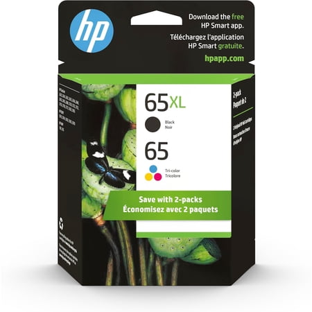 HP Original 65 Tri-Color / 65XL Black Ink Cartridges (2-pk) | Works AMP 100 Series DeskJet 2600, 3700 Series Envy 5000 Series | Eligible for Instant Ink | 6ZD95AN