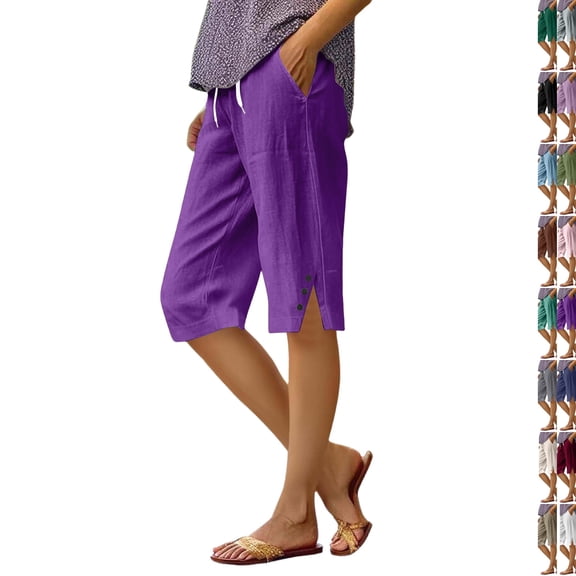 Linen Bermuda Shorts for Women Knee Length Summer Casual Elastic Waisted Side Split Button Shorts with Pockets 2026 ,L,Purple