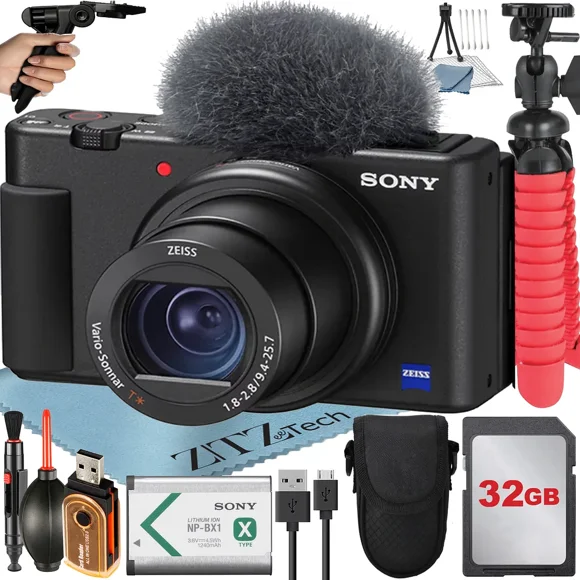 Sony ZV-1F Vlogging Camera (Black) with 32GB Memory Card + Tripod + ZeeTech Accessory Bundle
