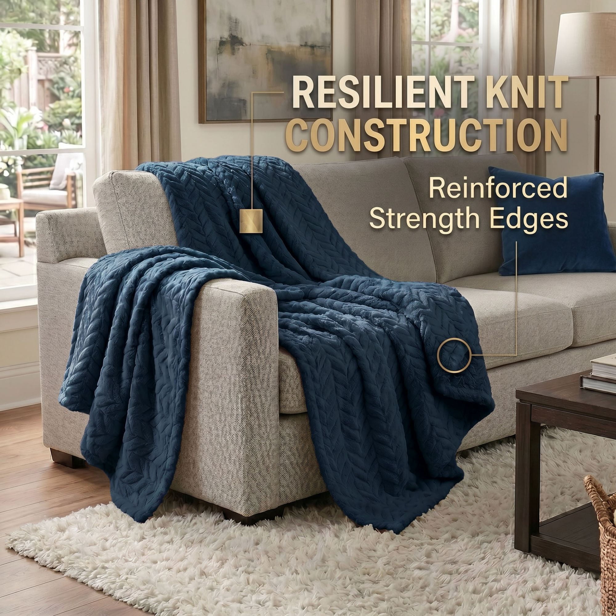 Superior Hope Herringbone Fluffy Fleece Blanket, Full Queen Size, Navy Blue