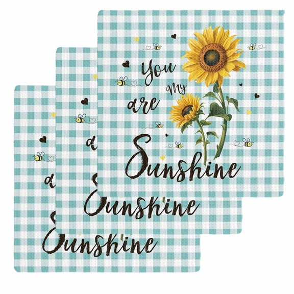 Sunflower Dish Towels Set, Waffle Weave Kitchen Towels 3 Pieces, Teal Green Check You Are My Sunshine Bee Microfiber Hair Face Bath Tea Towel Absorbent Quick Drying Cleaning Dish Cloths, 12"x12"