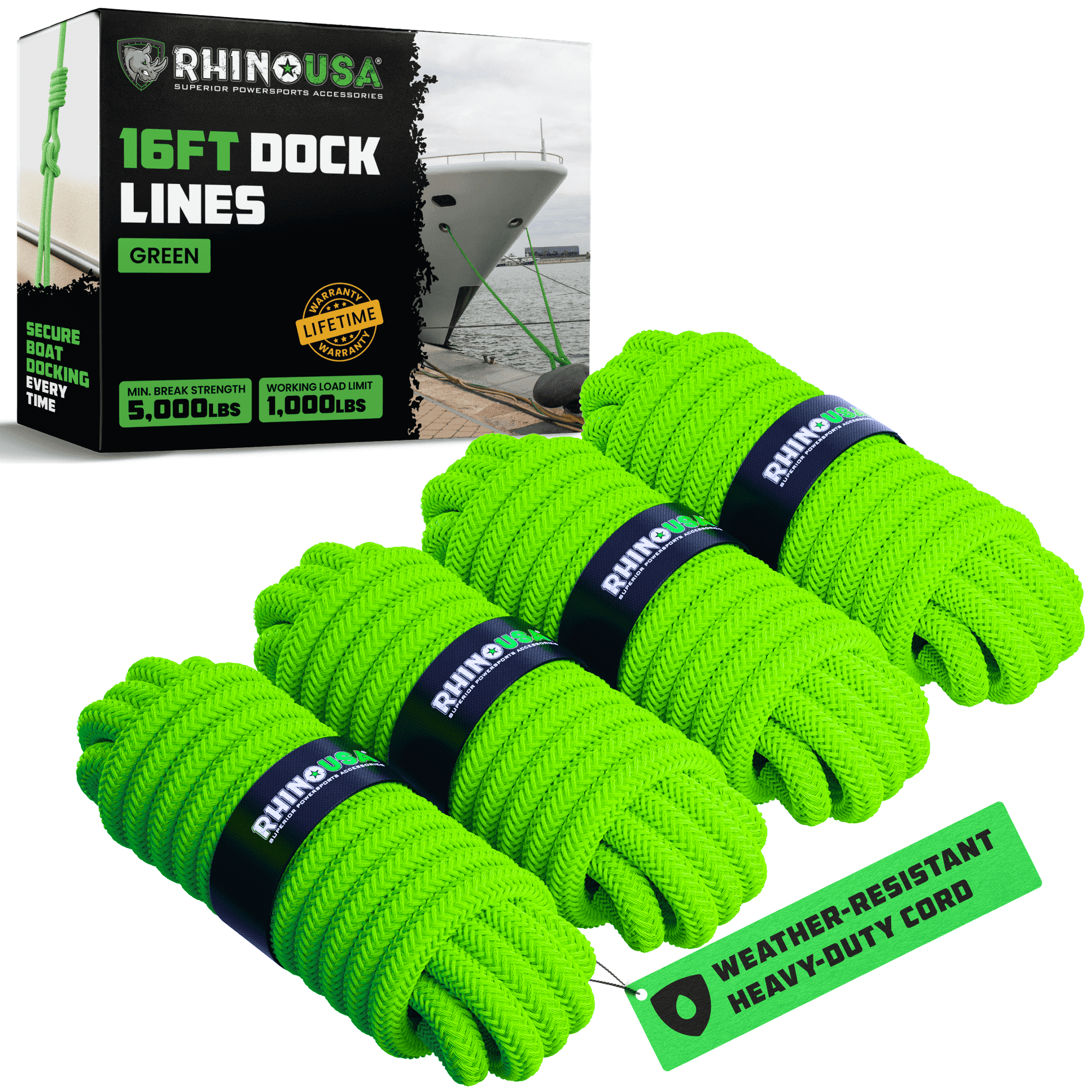 Rhino USA 5/8" x 16' Dock Lines - Heavy Duty Marine Grade Rope for Boats, Kayaks, Pontoons, Fishing and More! Ultimate Boating Accessory - Green