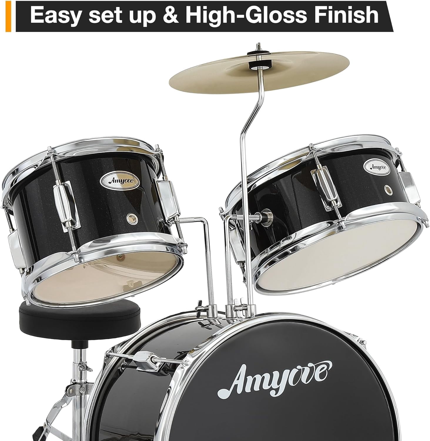 Drum Set, Drum Kit for Beginner With CymbalM, Tom, Bass Drum, Drumsticks, Bass Pedal, With Drum Stool, Metal AD 150, 3Pcs Drum Set, Percussionl Musical Holiday Gift for Boys and Girls,Black