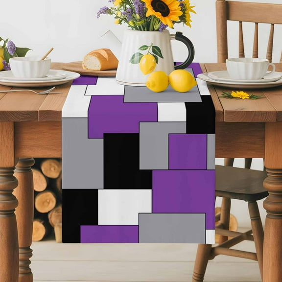 Abstract Splicing Purple White Grey Square Blocks Table Runner Dresser Scarf,Kitchen Dining Table Decoration Art Plaid Linen Table Runners for Home Wedding Indoor Outdoor Party,13x70in