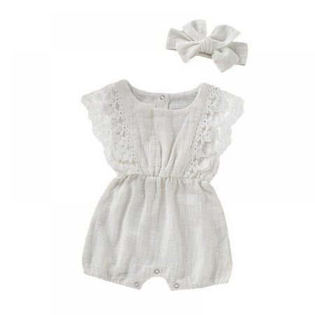 

Newborn Girls Summer Sleeveless Lace Rompers with Headband Infant Cotton Jumpsuit Set